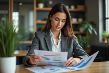 Femme confiante en business lisant brochure franchise