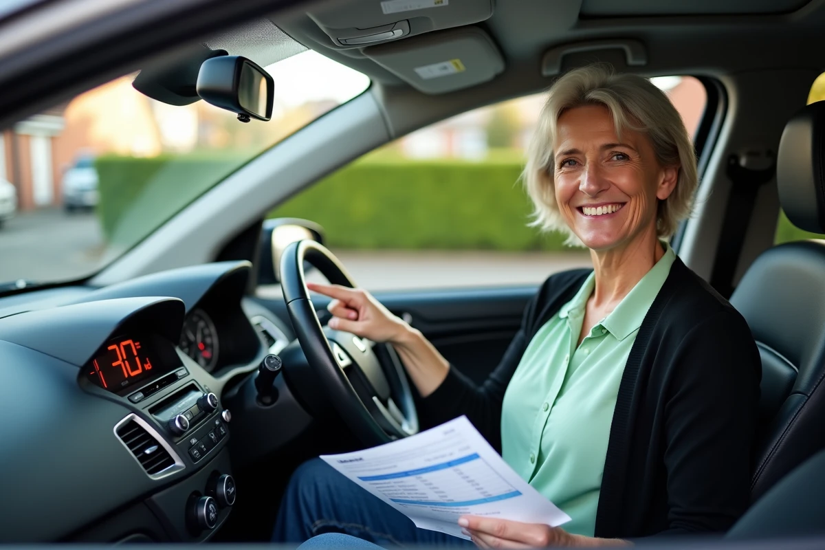 Femme dans la voiture pointant le compteur 30 mph
