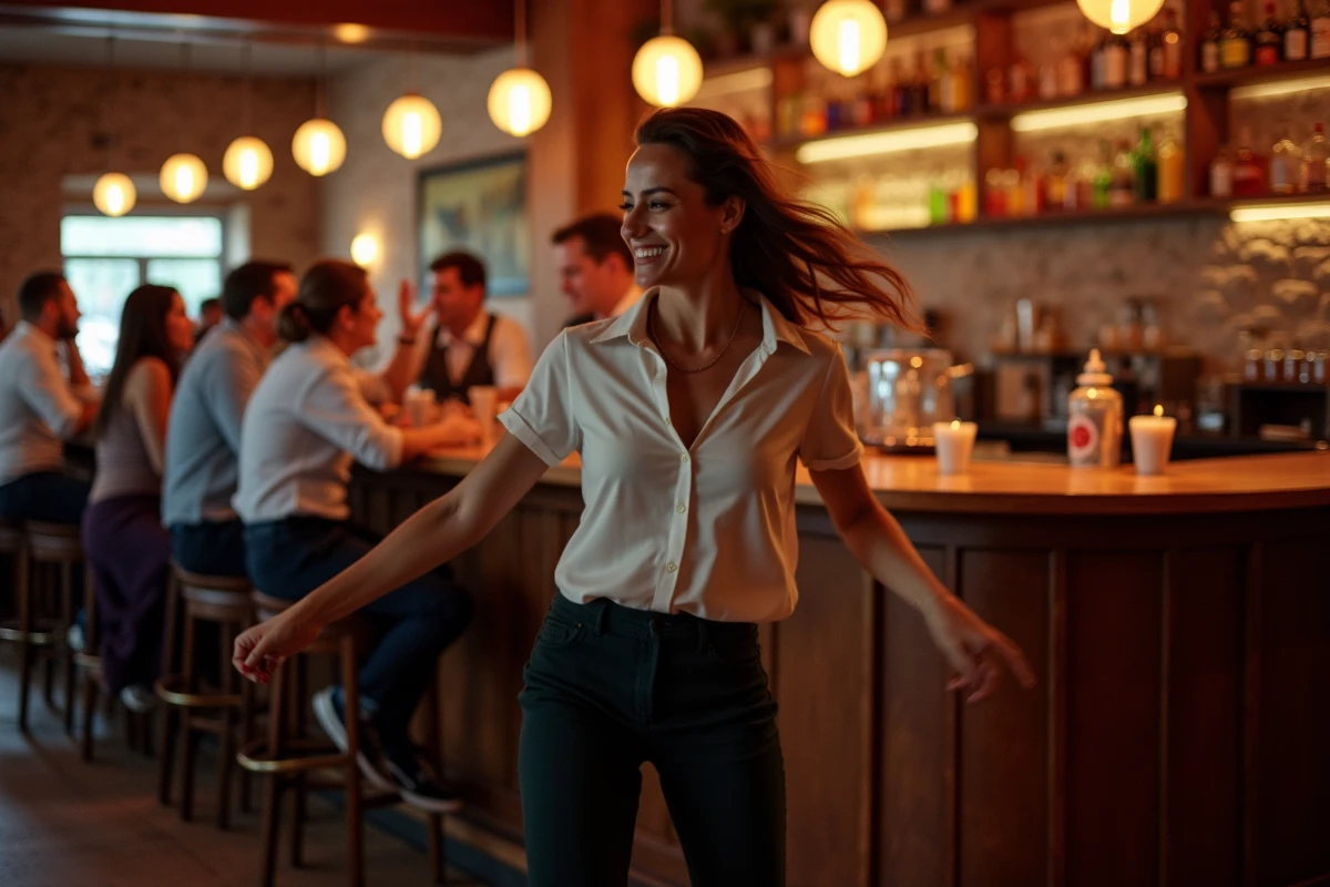 Femme souriante danse dans un bar à Strasbourg intérieur chaleureux