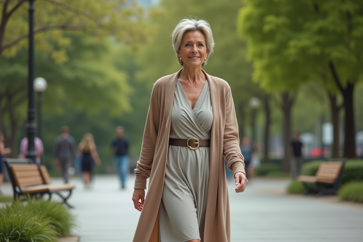 Femme confiante marchant dans un parc urbain en robe fluide