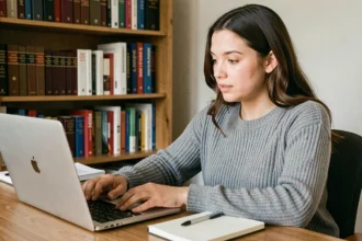Jeune femme concentrée jouant à Pedantix sur son ordinateur portable dans un bureau à domicile entouré de livres