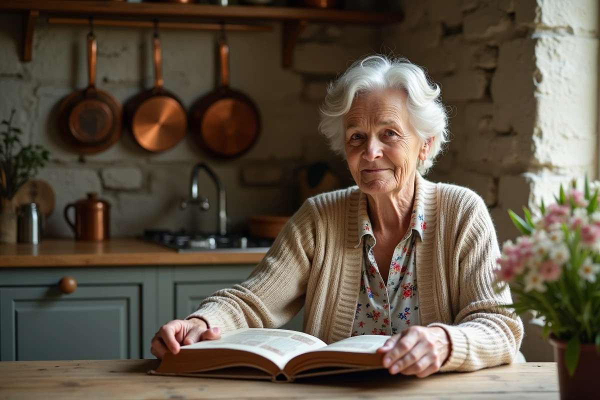 Femme moyenne feuilletant un album photo dans une cuisine