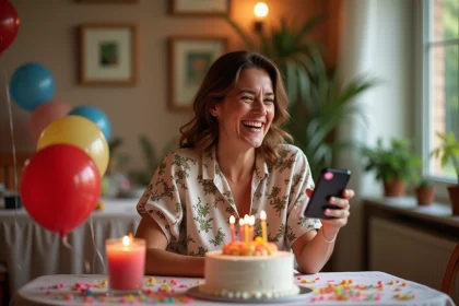 Femme qui rit en regardant un gif anniversaire humoristique sur son smartphone lors d'une fête d'anniversaire