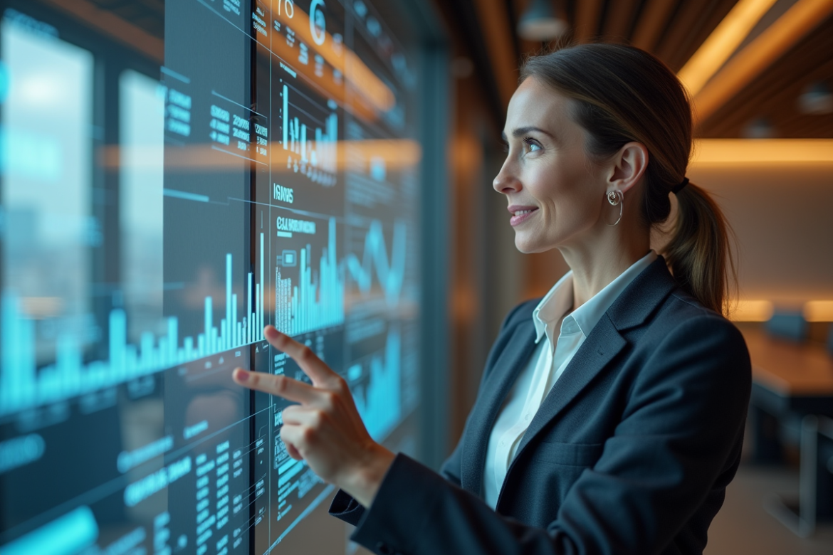 Femme d affaires examinant des graphiques financiers holographiques