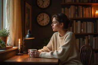Femme contemplant une horloge affichant 03h03 dans un appartement cosy, symbolisant la signification spirituelle de l'heure miroir et la connexion avec la flamme jumelle