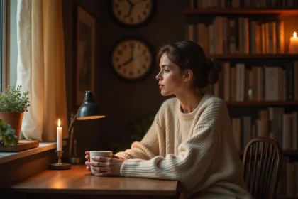 Femme contemplant une horloge affichant 03h03 dans un appartement cosy, symbolisant la signification spirituelle de l'heure miroir et la connexion avec la flamme jumelle
