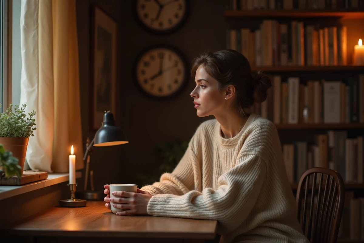 Femme contemplant une horloge affichant 03h03 dans un appartement cosy, symbolisant la signification spirituelle de l'heure miroir et la connexion avec la flamme jumelle