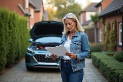 Femme moyenne âge lisant manuel voiture hybride devant sa maison
