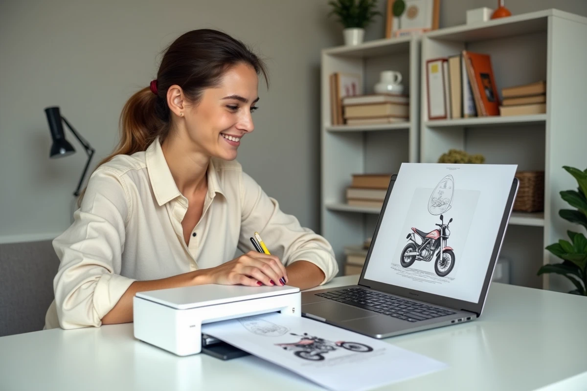Femme imprimant un coloriage de moto depuis un site web sur son ordinateur portable à domicile