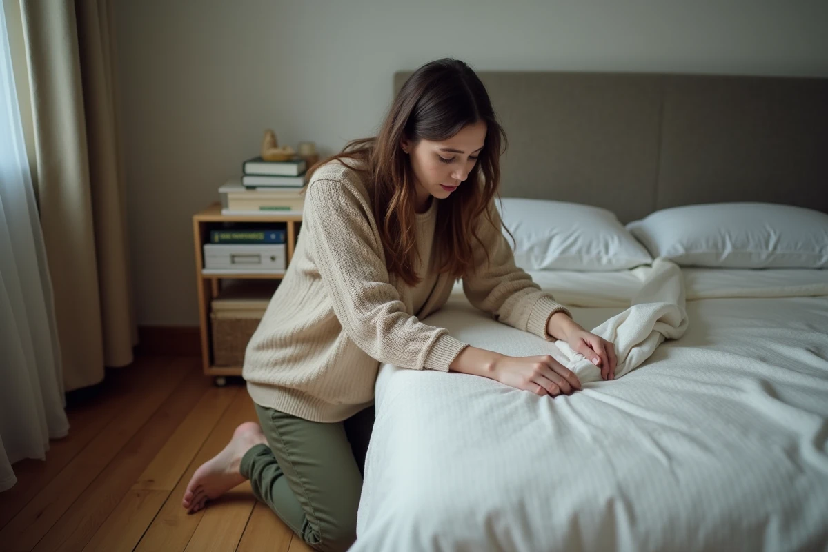 Femme inquiète inspectant un matelas dans sa chambre