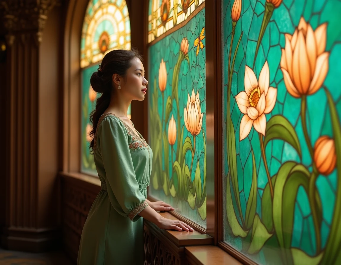 Femme contemplant un panneau mosaïque Art nouveau aux motifs de nénuphars dans un intérieur historique préservé
