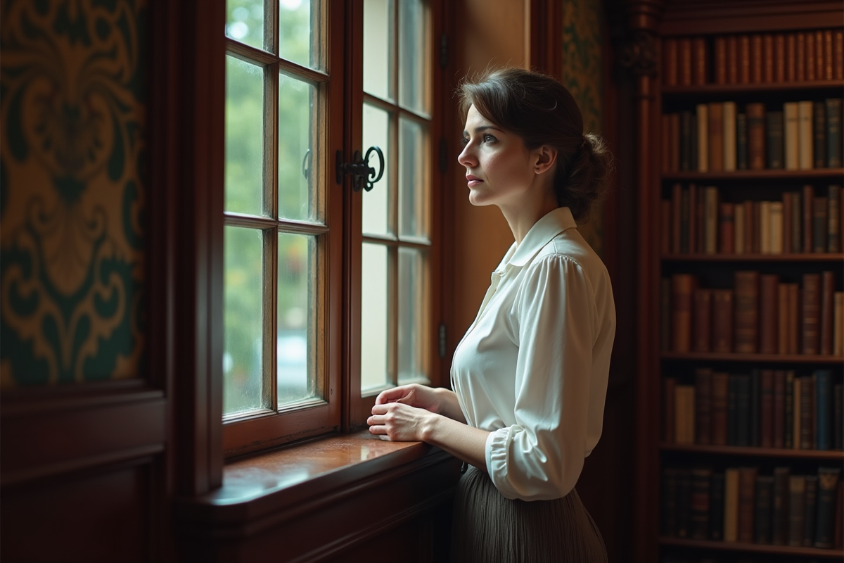 Femme pensif dans une étude ancienne au XIXe siècle