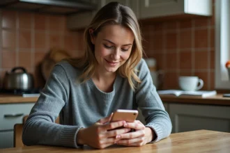Femme jouant à 4 Images 1 Mot sur smartphone à une table de cuisine en bois
