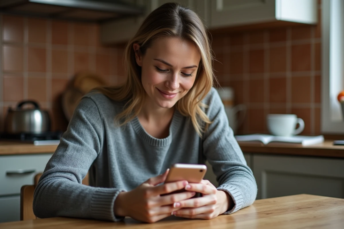 Femme jouant à 4 Images 1 Mot sur smartphone à une table de cuisine en bois