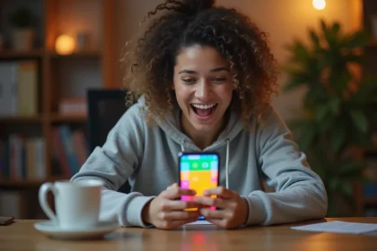 Jeune femme jouant à Monopoly GO sur son smartphone avec enthousiasme, assise à un bureau en bois dans un bureau à domicile chaleureux