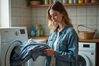 Jeune femme plie des chemises dans la buanderie