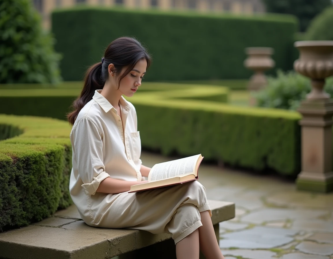 Jeune femme lisant un livre de philosophie sur un banc en pierre dans un jardin anglais classique, évoquant la tradition intellectuelle d'Alexander Pope