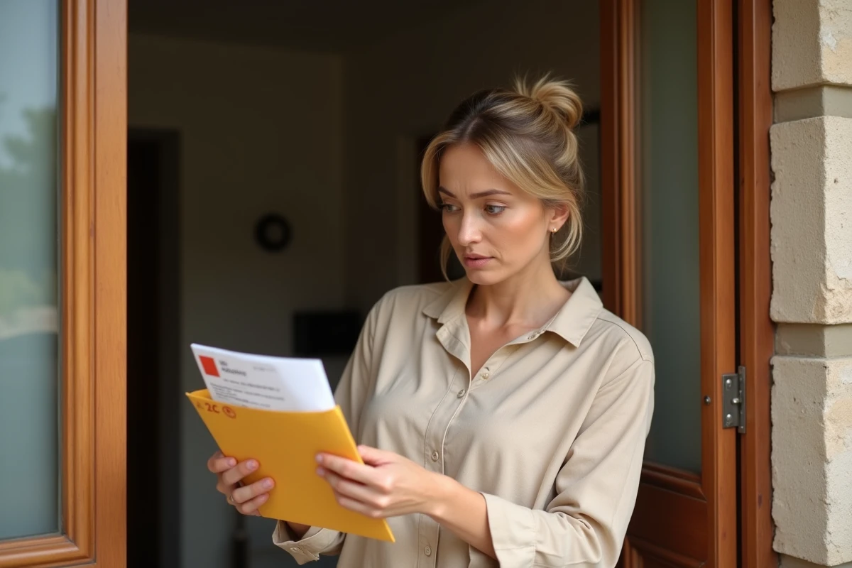 Femme examinant une lettre recommandée 2C reçue d'une administration française devant sa porte d'entrée