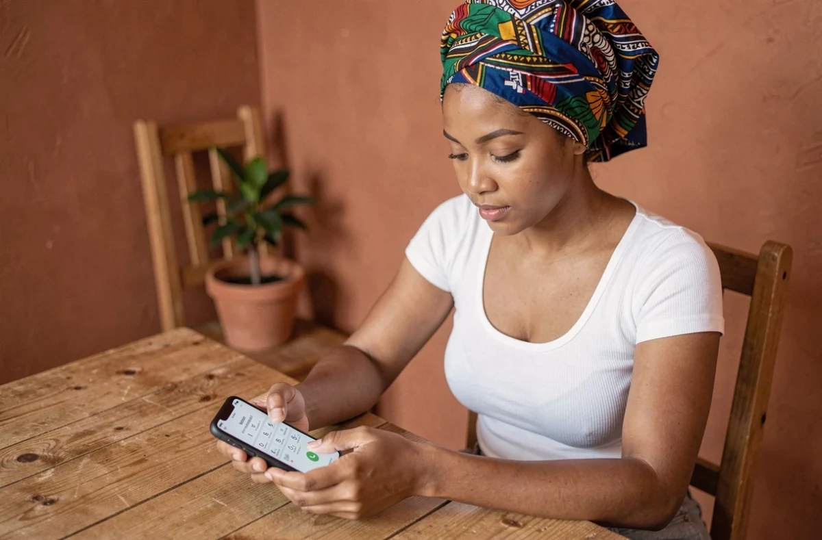 Femme mahoraise consultant un numéro de téléphone avec l'indicatif 262 sur son smartphone
