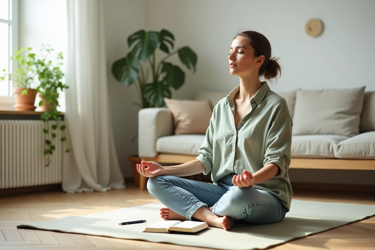 Femme célibataire en méditation avec un journal ouvert sur un tapis de yoga chez elle, représentant le travail sur soi et la spiritualité liée au 18h18