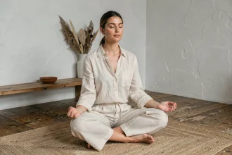Femme en méditation assise en tailleur sur un parquet en bois dans un appartement minimaliste, exercice spirituel pour apaiser un lien karmique intense