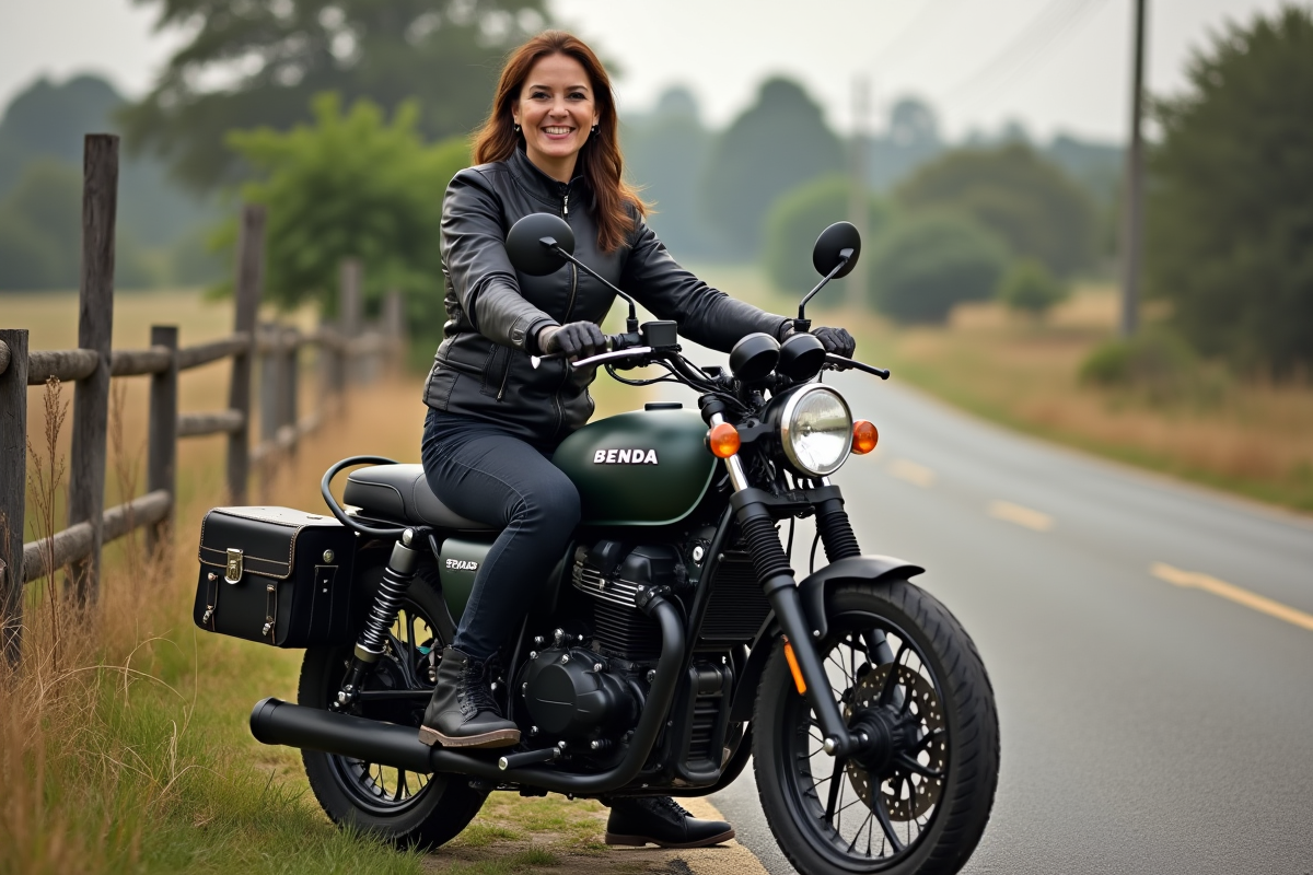 Femme sur sa moto avec sacoches en campagne