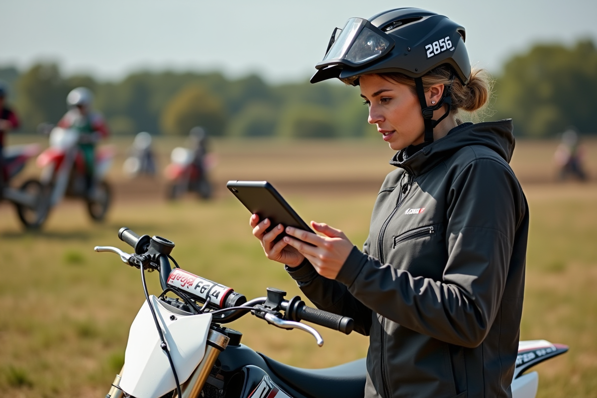 Femme motocross regardant prix sur tablette en extérieur