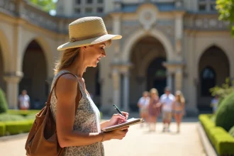 Femme en été note dans un carnet devant le Palais Idéal