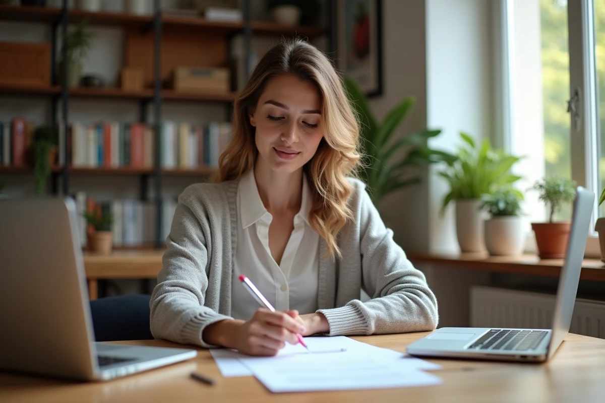 Femme concentrée à son bureau à domicile avec papiers et ordinateur