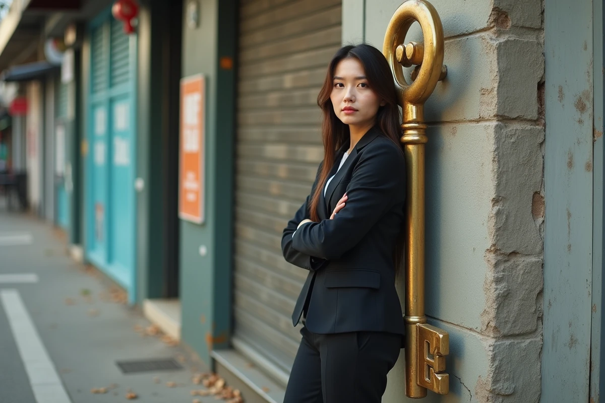 Jeune femme en costume moderne avec clé géante en ville