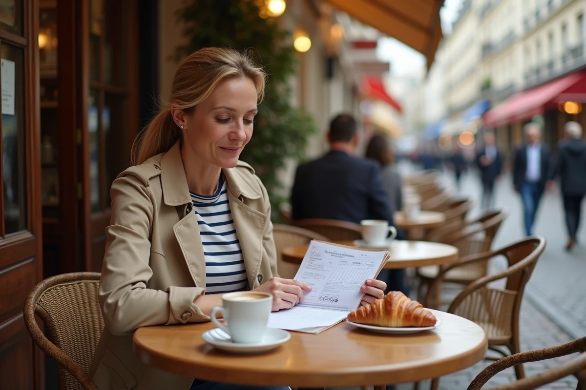 Femme planifiant ses vacances avec un calendrier des jours fériés français dans un café parisien