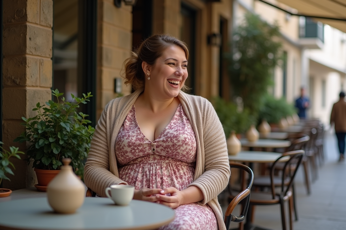 Femme ronde souriante à une terrasse de café