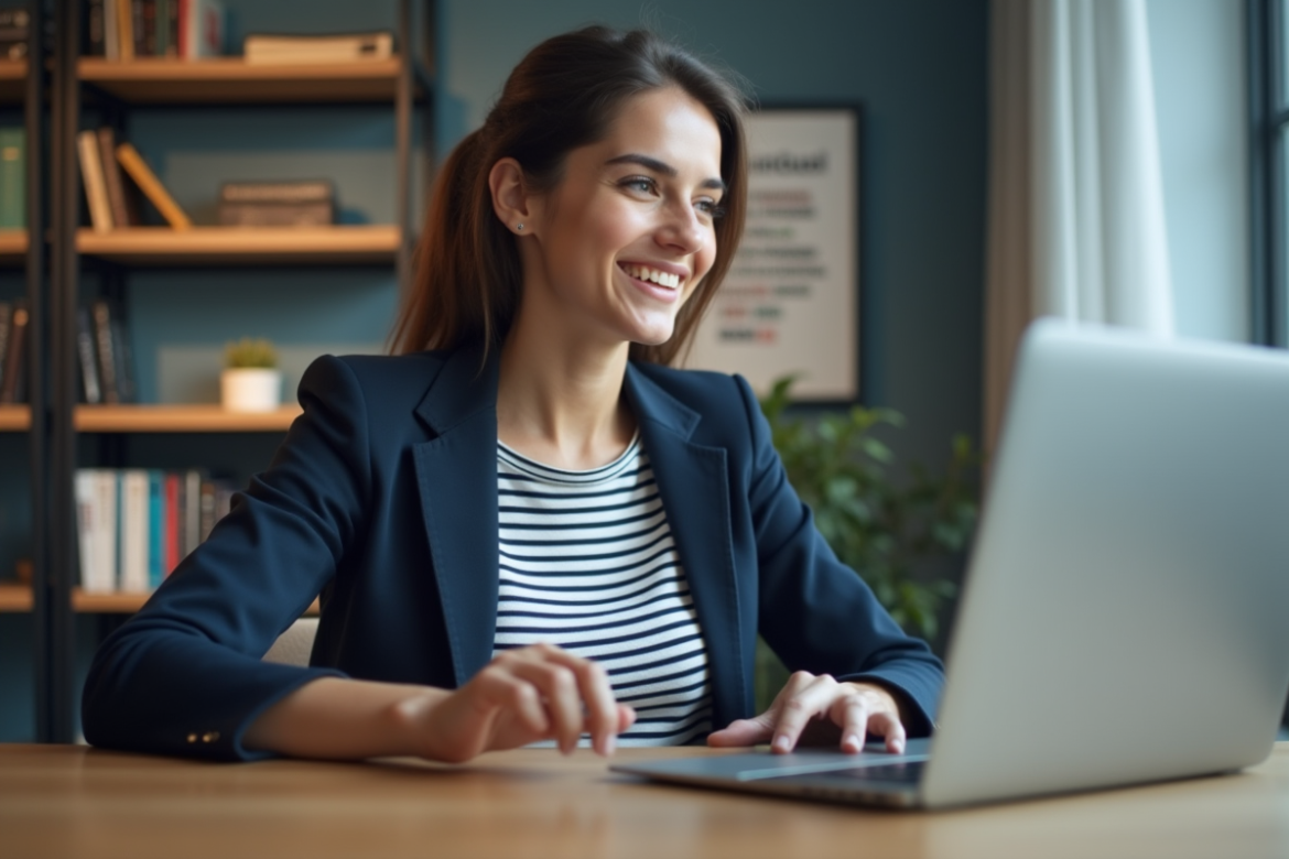 Jeune femme française en blazer dans un bureau moderne