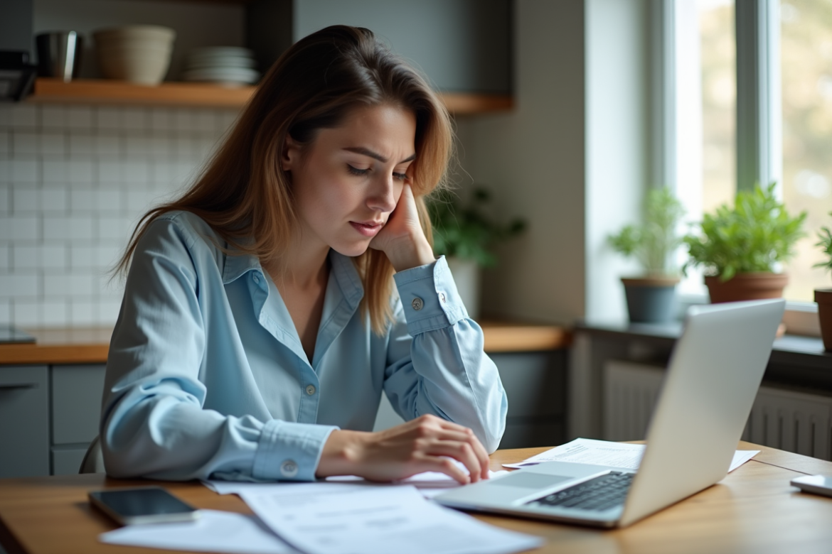 Femme étudiant ses reçus et ordinateur dans une cuisine urbaine