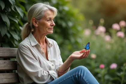 Femme méditative dans un jardin avec papillon bleu sur la main