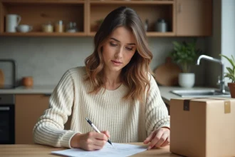 Femme remplissant un formulaire de retour colis à la maison