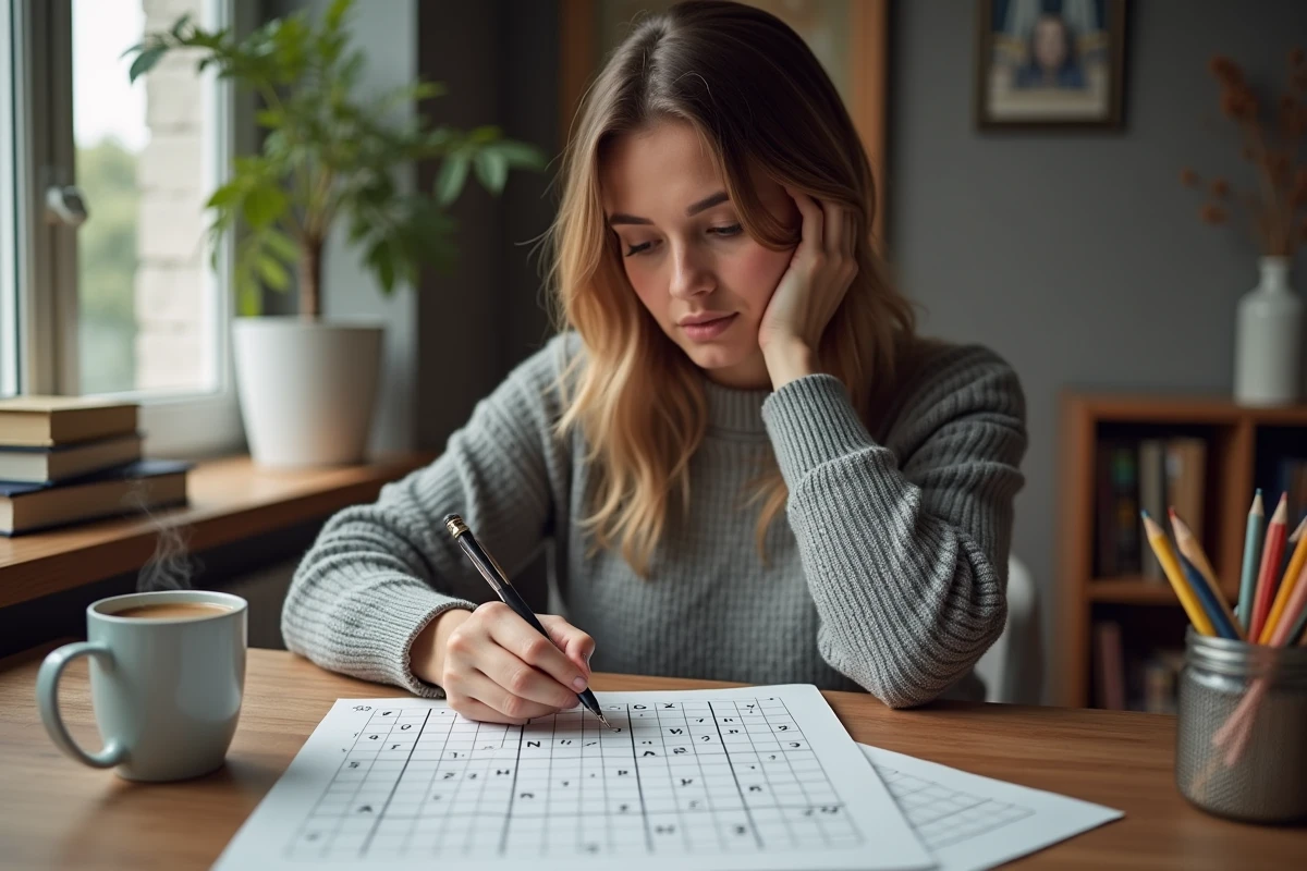 Femme concentrée résolvant une grille de sudoku à son bureau avec un stylo, entourée de livres de puzzles