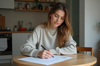 Femme signant une attestation dans une cuisine française