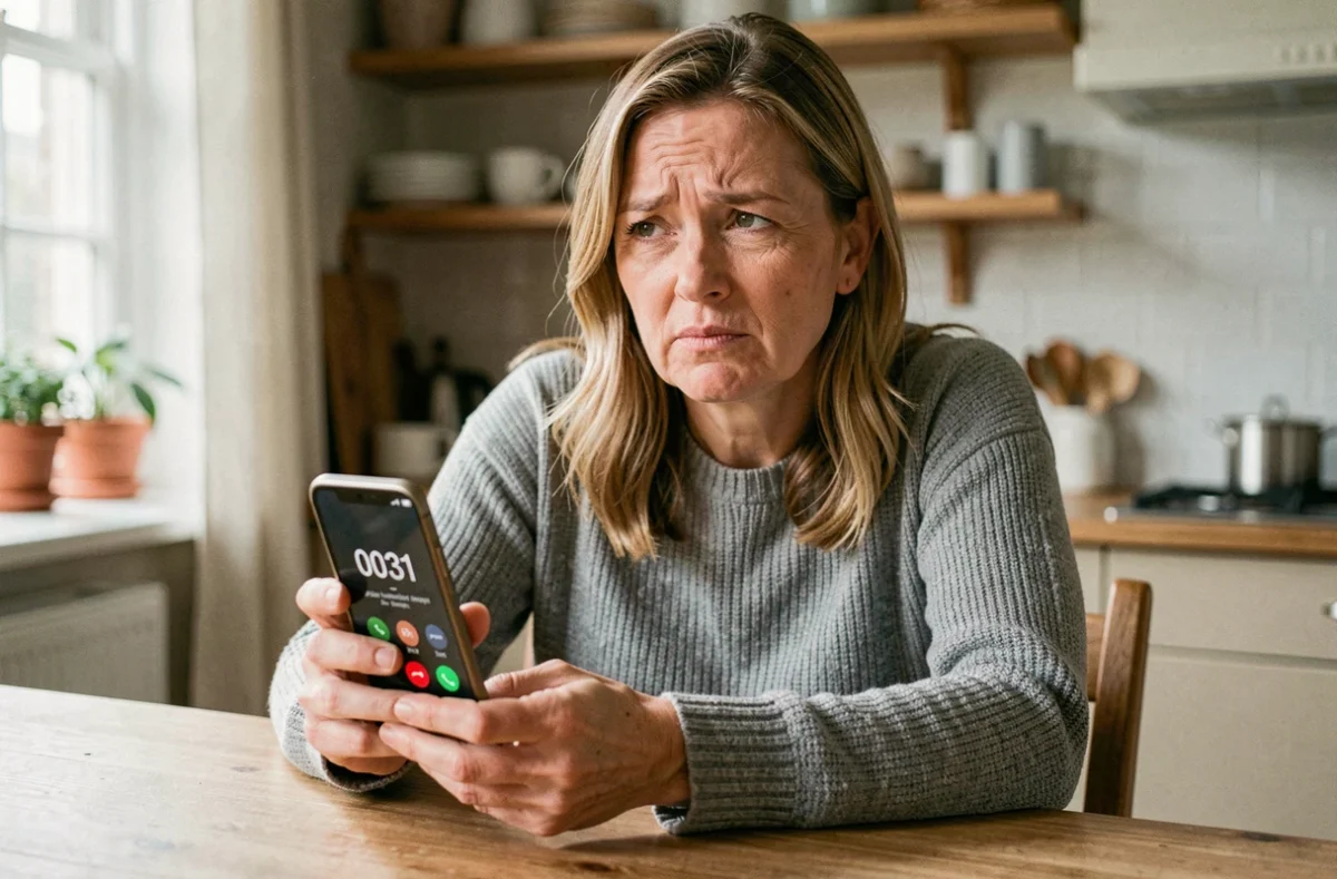 Femme tenant un smartphone affichant un appel entrant avec l'indicatif 0031 inconnu sur l'écran