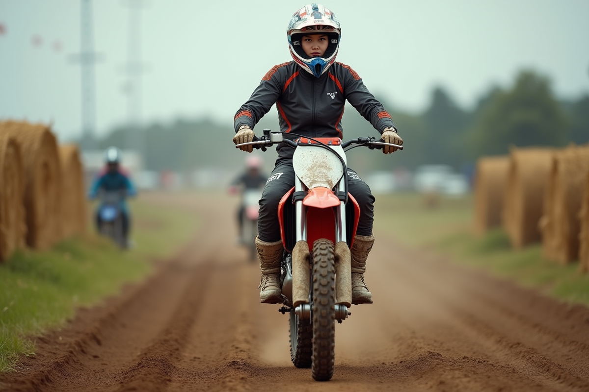 Jeune femme prête au départ en motocross sur la ligne
