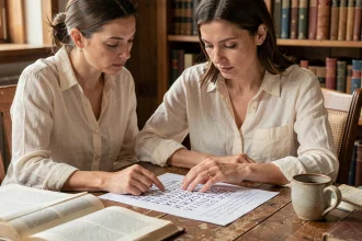 Femme consultant un tableau de conversion de dates en chiffres romains à son bureau
