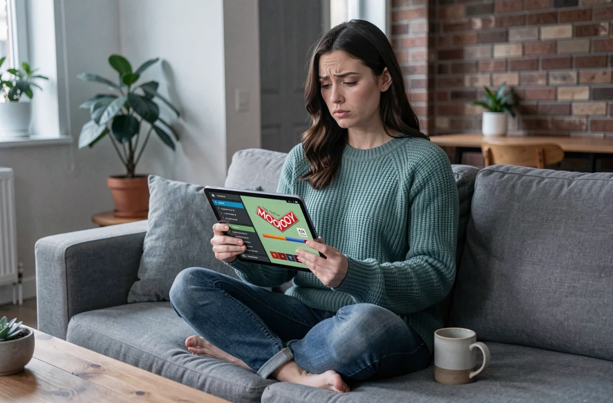 Femme analysant sa progression bloquée dans le Tycoon Club de Monopoly GO sur une tablette