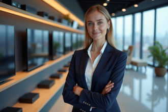 Jeune femme professionnelle devant un mur d appareils audiovisuels modernes