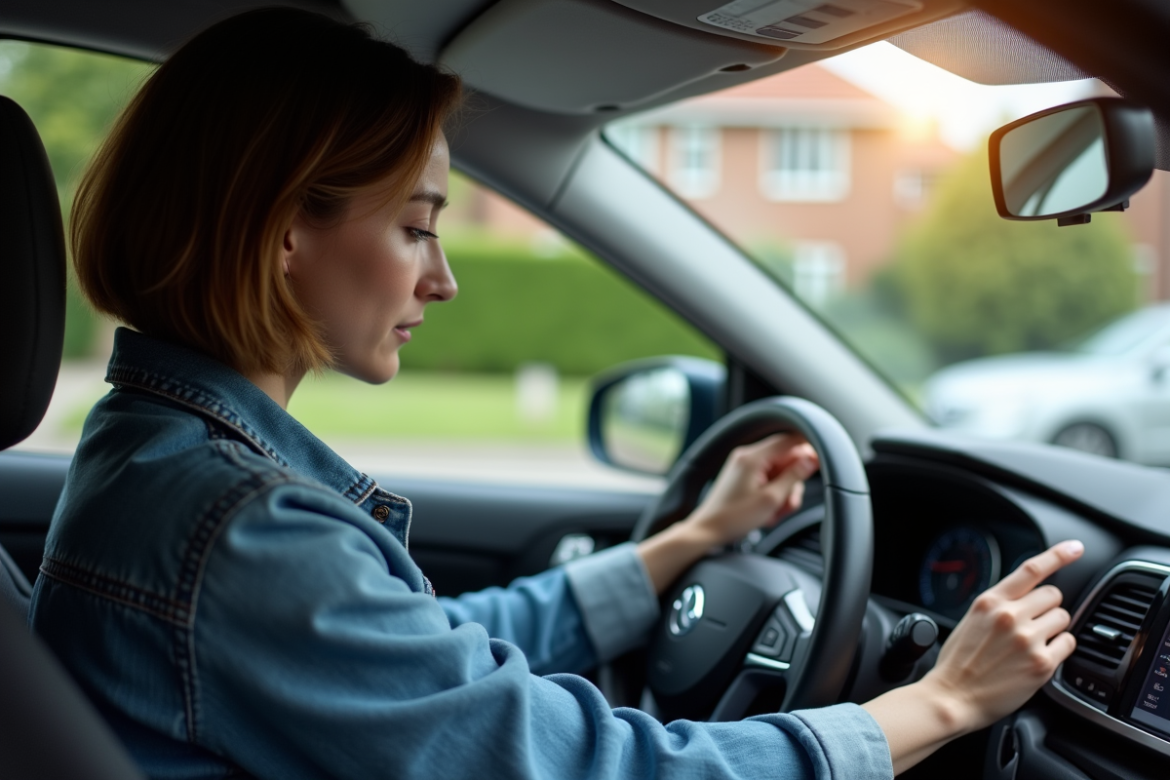 Femme technophile dans une voiture moderne en action