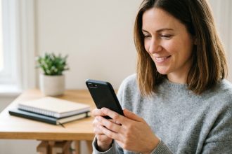 Femme inspectant un téléphone reconditionné dans un bureau minimaliste moderne