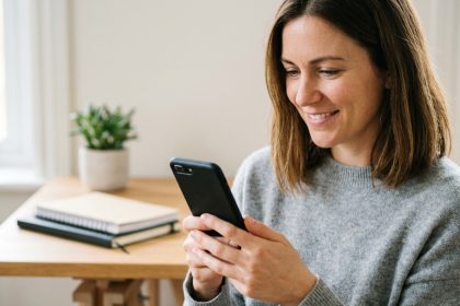 Femme inspectant un téléphone reconditionné dans un bureau minimaliste moderne