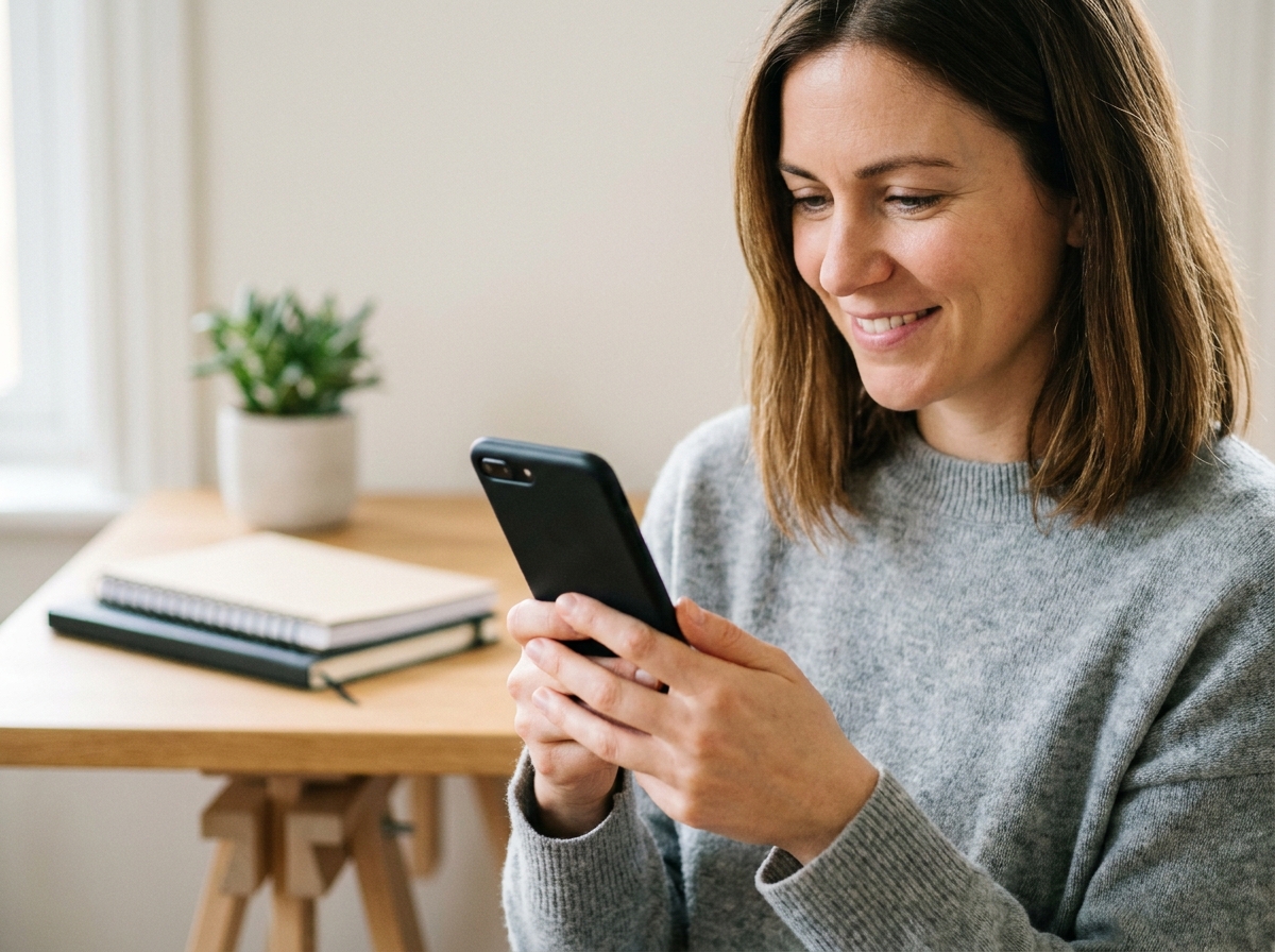 Femme inspectant un téléphone reconditionné dans un bureau minimaliste moderne