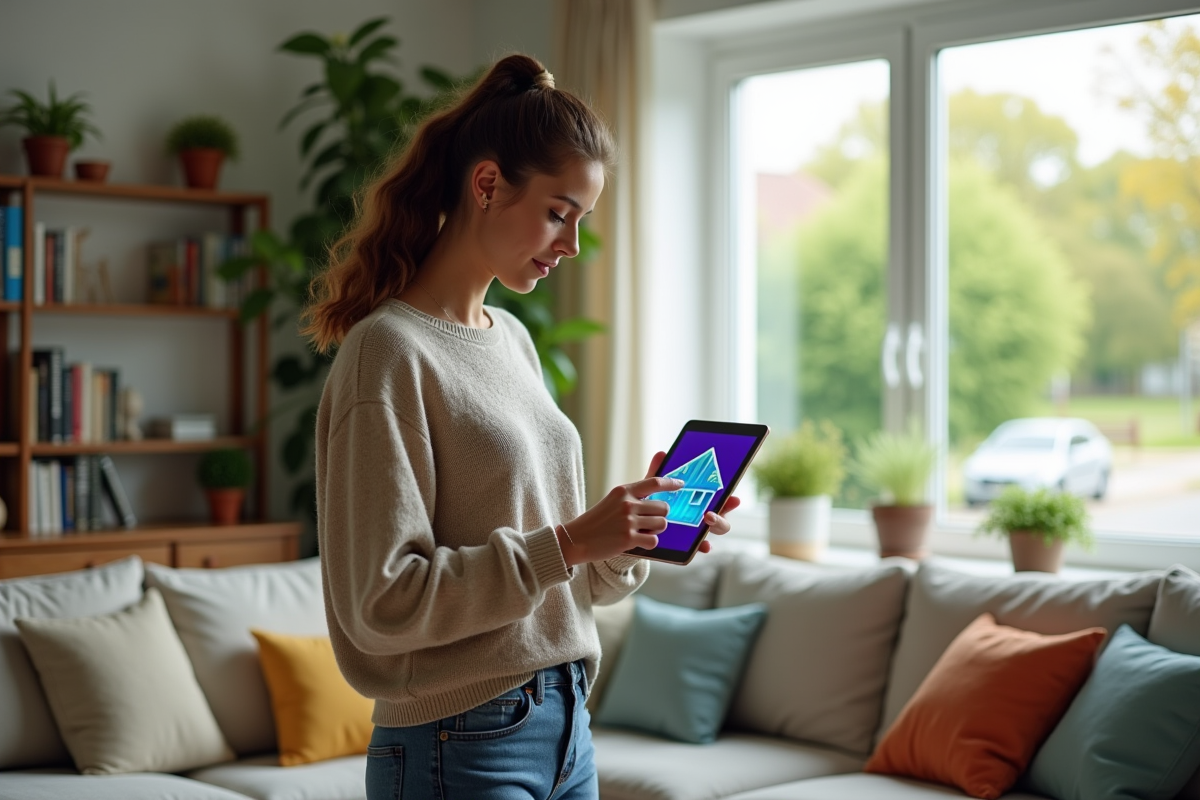 Jeune femme utilisant une tablette pour scanner sa maison