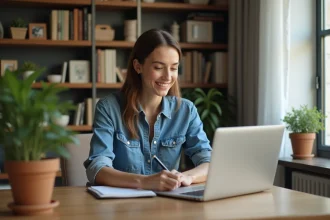 Femme souriante travaillant à domicile avec ordinateur et carnet