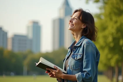 Femme urbaine lisant un journal dans un parc ensoleille